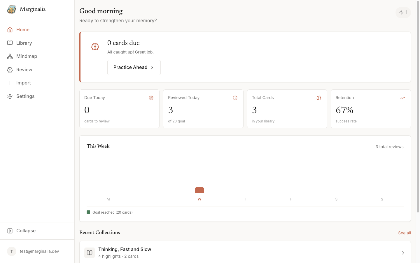 Marginalia - Dashboard with stats, weekly chart, and recent collections